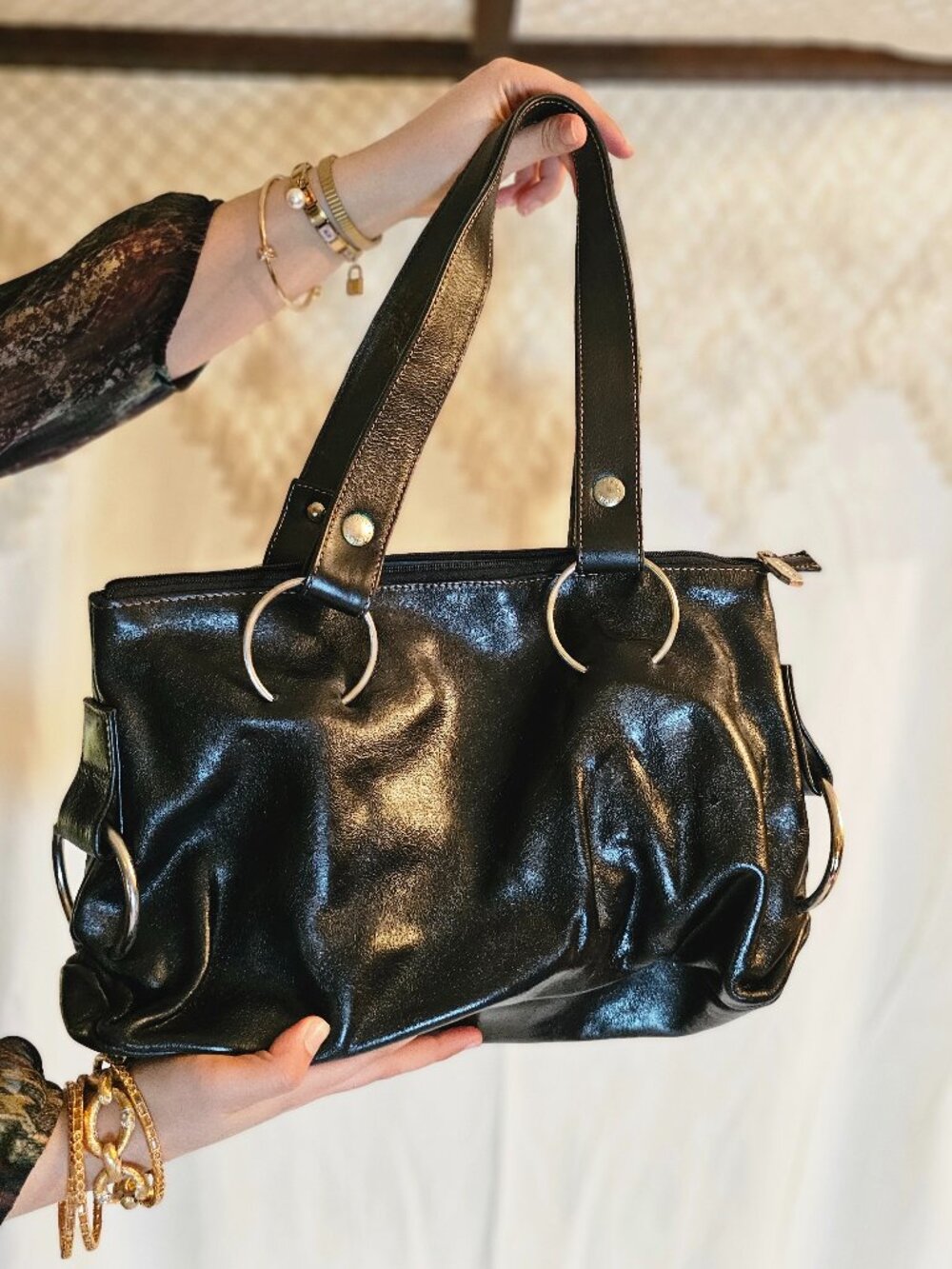 Prune Black  Leather Shoulder Bag